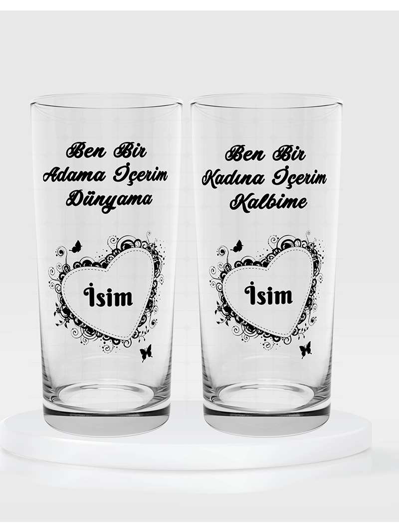 Ben Bir Adama İçerim Dünyama Ben Bir Kadına İçerim Kalbime Temalı İkili Rakı Bardağı