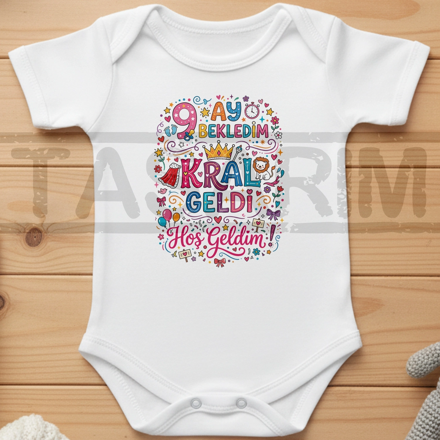 9 Ay Bekledim Kral Geldi Hoş Geldim - Bebek Body Zıbın