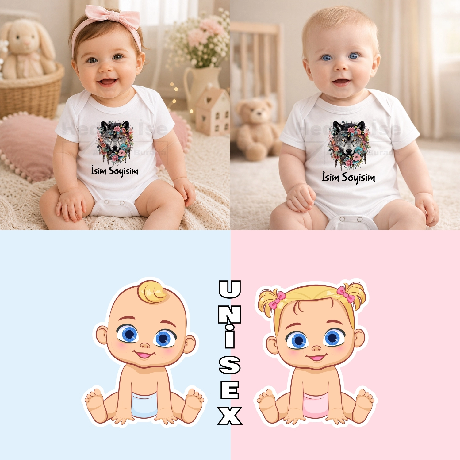 Kurt Görseli İle İsim Soyisim - Bebek Body Zıbın